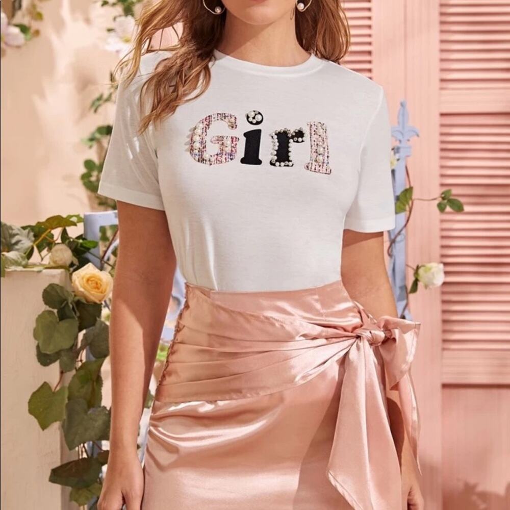 NEW SHEIN White Faux Pearl Girl Pink Preppy Plaid Graphic Tee Shirt Top S